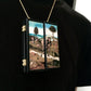 Triptych miniature art necklace handmade from sustainable wood reproduce The Haywain painting by Hieronymus Bosch. This aesthetic fully functioning art pendant necklace is created and designed by Obljewellery