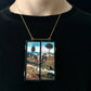 Triptych miniature art necklace handmade from sustainable wood reproduce The Haywain painting by Hieronymus Bosch. This aesthetic fully functioning art pendant necklace is created and designed by Obljewellery