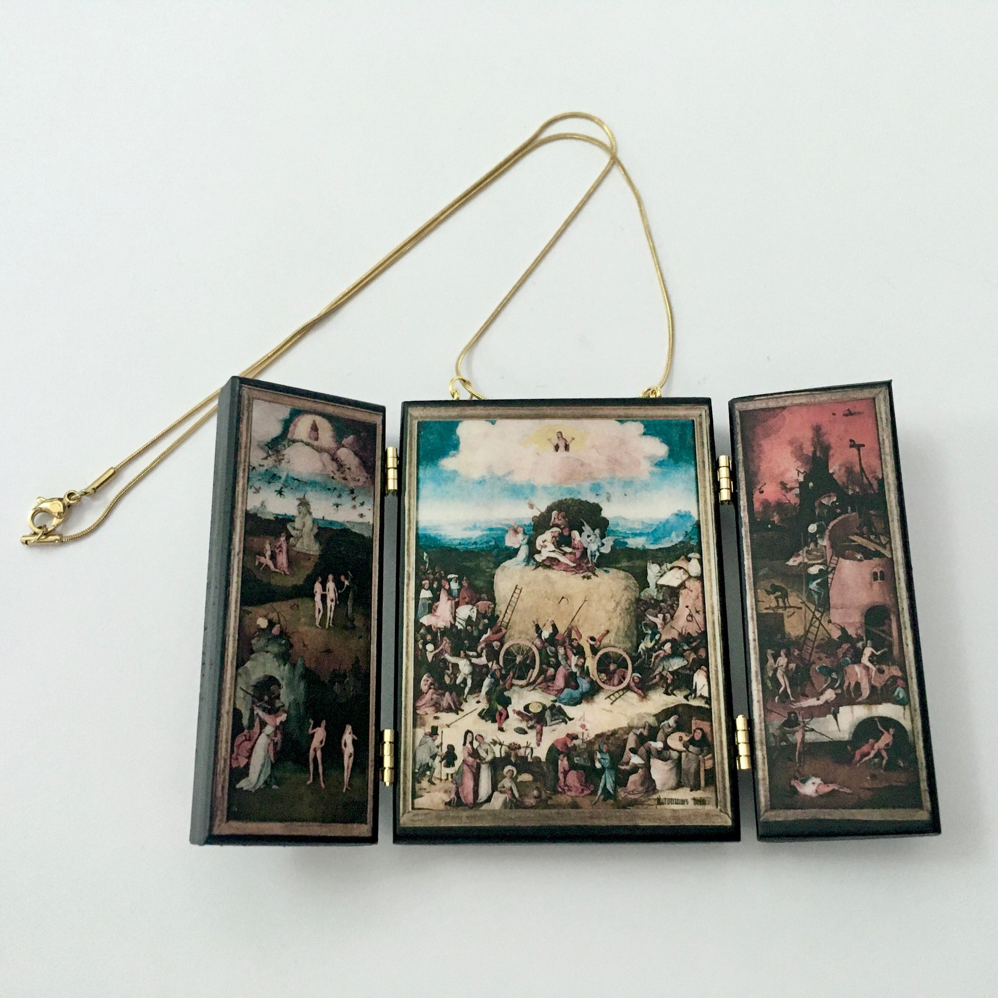 Museum-Inspired Sustainable Necklace Hieronymus Bosch, miniature triptych necklace Obljewellery