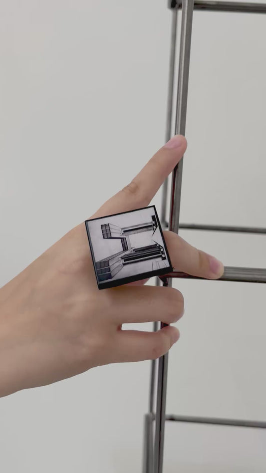 El Lissitzky, wood art ring, geometric architecture drawing jewellery