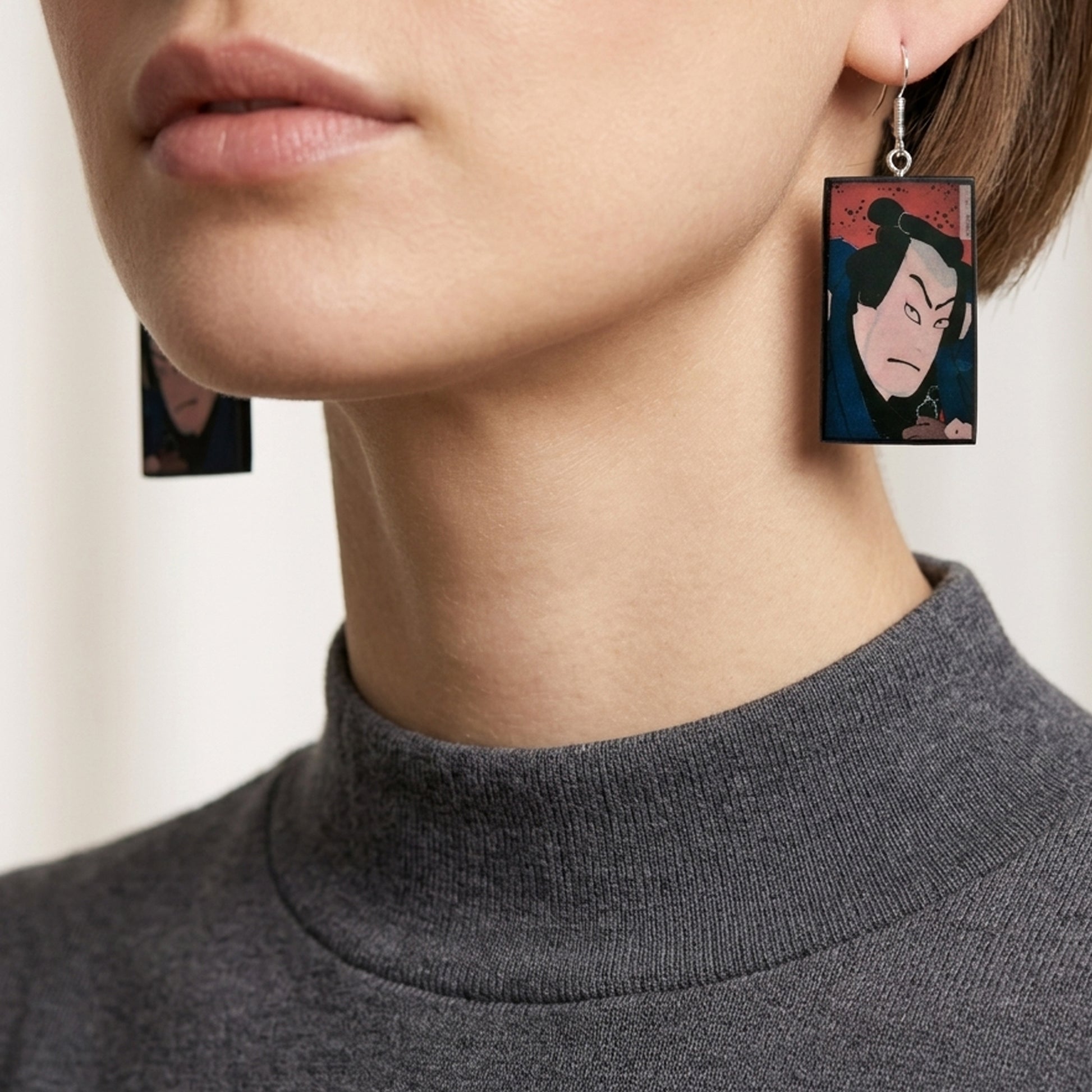 Museum-Inspired Sustainable Earrings Toyohara Kunichika, Samurai Portrait. Mismatched wood earrings. Obljewellery
