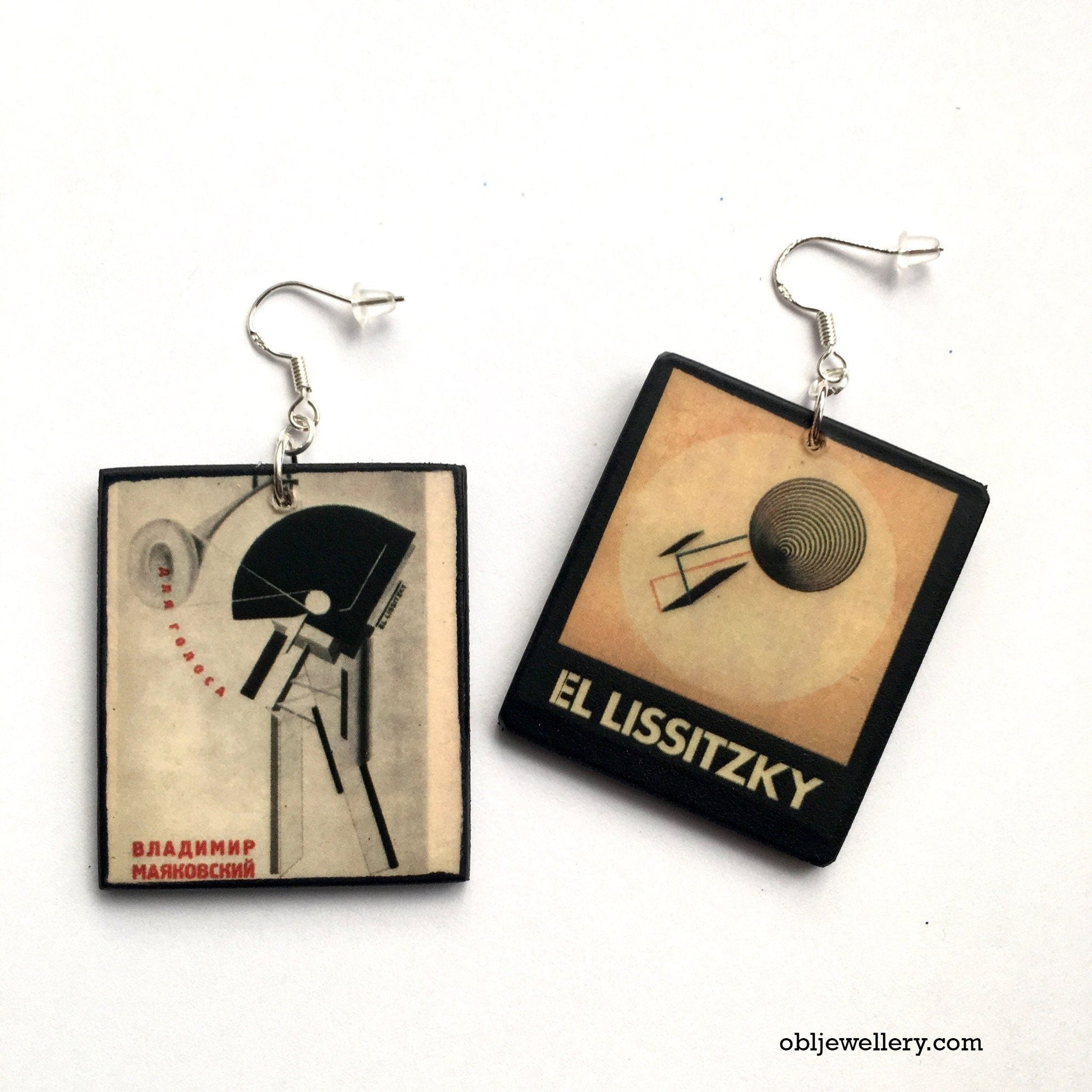 El Lissitszy, mismatched, abstract, geometric dangle earrings on sustainable wood with a silver sterling 925 hooks. Unusual geometric art earrings, very light and comfortable to wear.