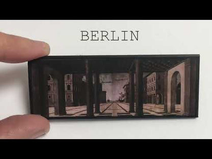 video by Obljewellery about art statement brooches inspired by The Ideal City Renaissance art paintings. The three rectangular brooches  have the painting of Urbino, Baltimore and Berlin