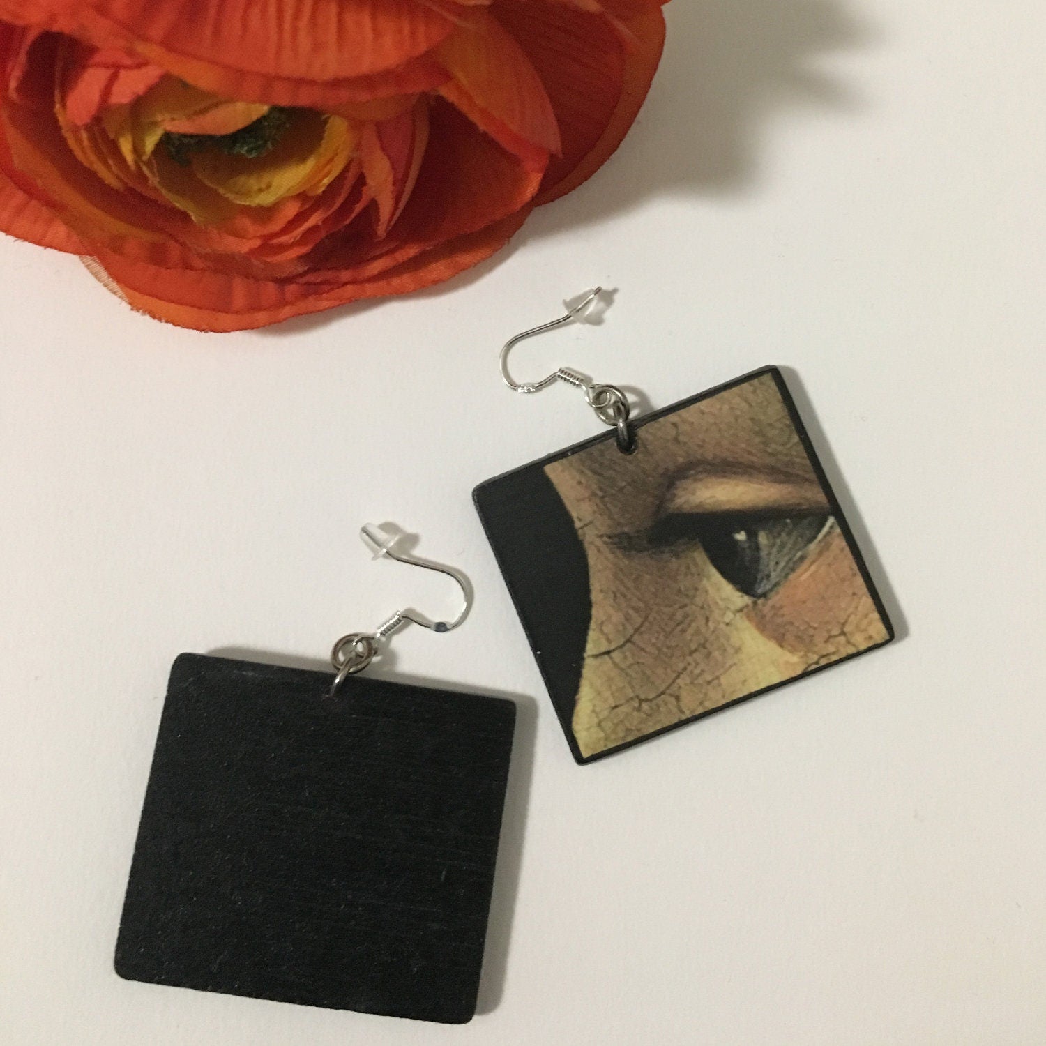 Statement art earrings based on the painting "Portrait of Giovanna Tornabuoni" eye detail by Domenico Ghirlandaio. These handmade wooden earrings are lightweight, the cool artsy, sustainable gift for her.