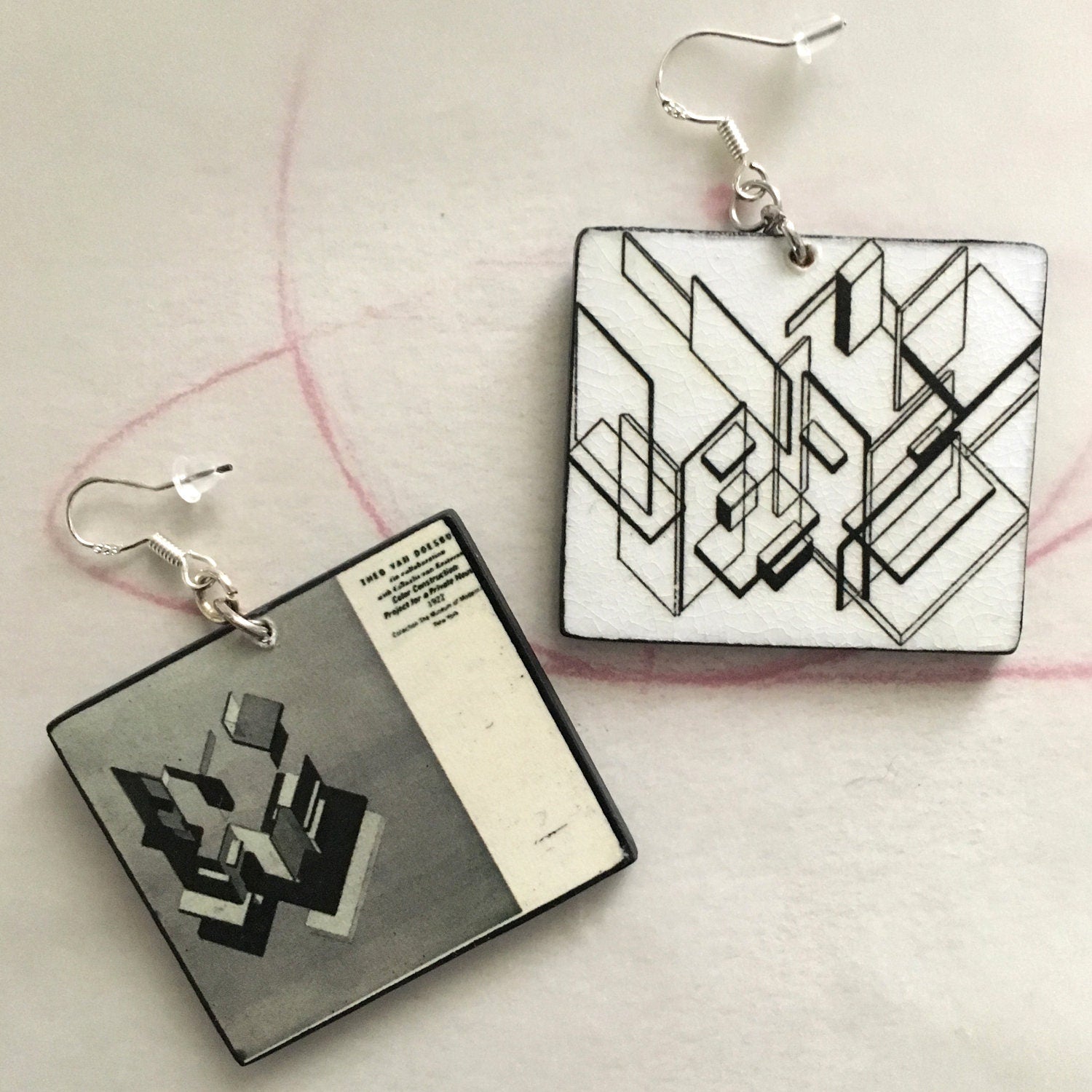 Museum-Inspired Sustainable Earrings De Stijl, Theo van Doesburg art earrings. Obljewellery