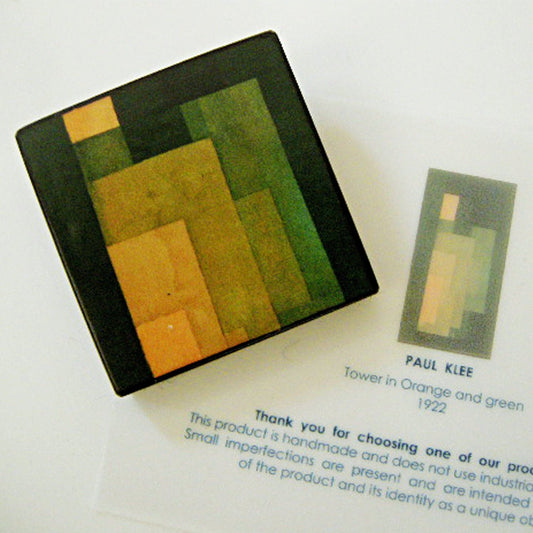 Museum-Inspired Sustainable Brooches Paul Klee, chartreuse and orange wooden, geometric brooch. Alternative man gift. Obljewellery