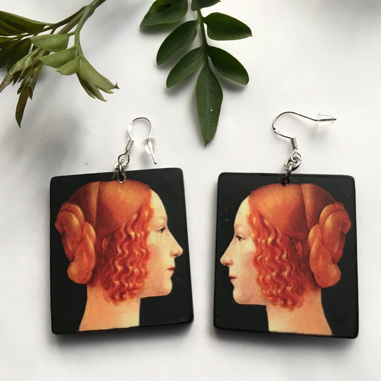 Wood art earrings. Italian Renaissance oil painting  by Ghirlandaio.