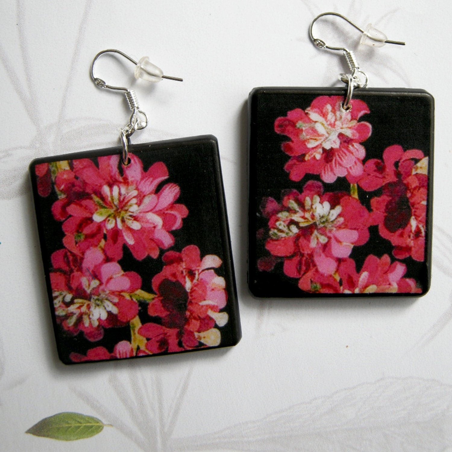 Mary Delany, fuchsia floral earrings on sustainable wood. Mismatched art earrings with hypoallergenic hook in 925 sterling silver, quirky earrings light to wear.