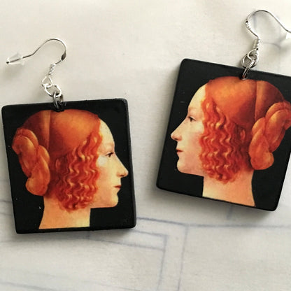 Museum-Inspired Sustainable Earrings Wood art earrings. Italian Renaissance oil painting by Ghirlandaio. Obljewellery