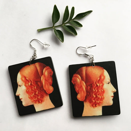 Wood art earrings. Italian Renaissance oil painting  by Ghirlandaio.