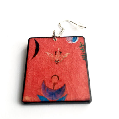 Museum-Inspired Sustainable Earrings Mismatched Art Wooden Earrings. Flower Myth Paul Klee. Unique gift for wife. Obljewellery