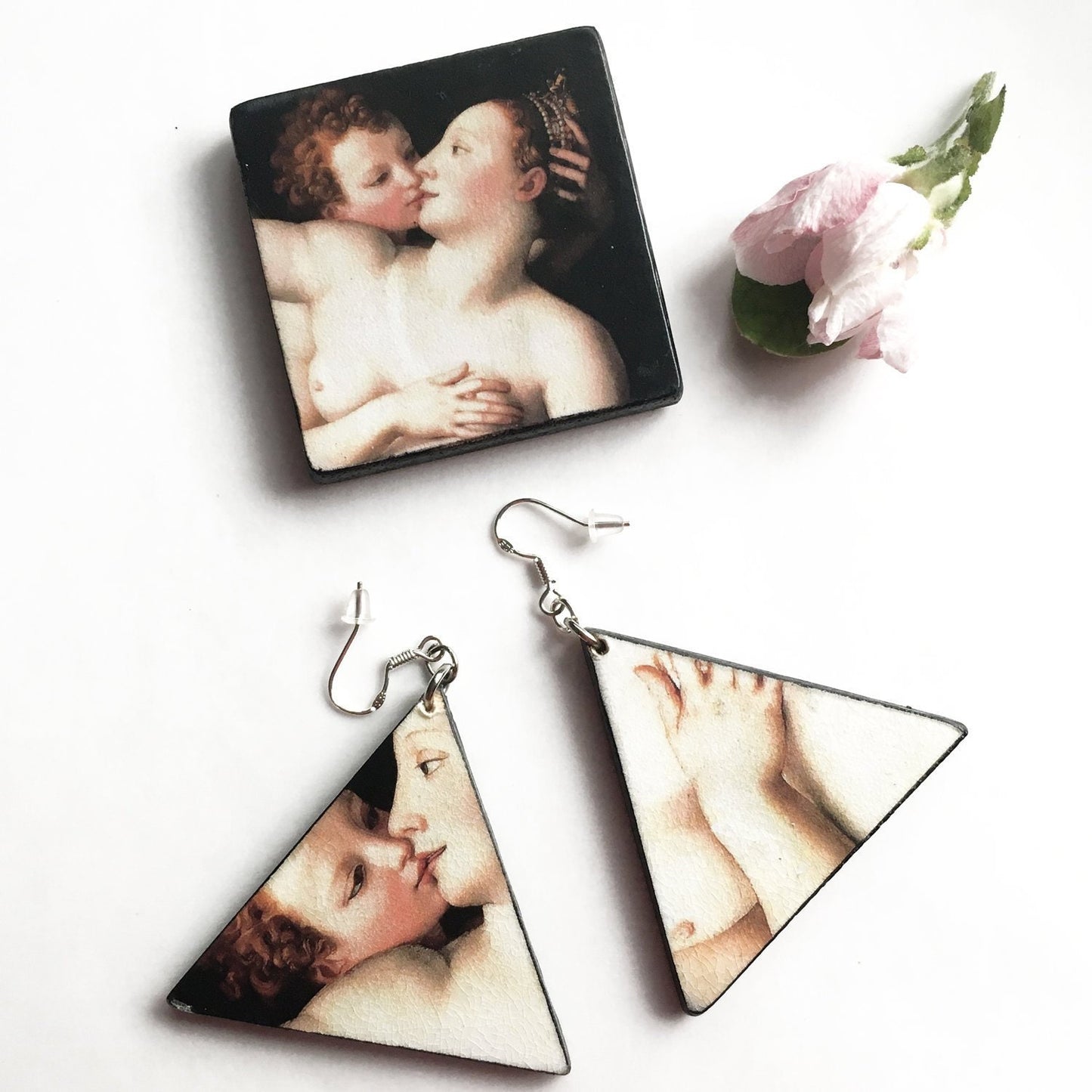 Set Nude Art Painting Earrings and Brooch- Art Gift. Eccentric gift symbol of love gift