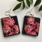 Mary Delany, fuchsia floral earrings on sustainable wood. Mismatched art earrings with hypoallergenic hook in 925 sterling silver, quirky earrings light to wear.