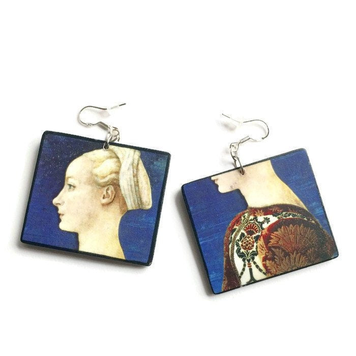 Antonio del Pollaiuolo inspired art earrings and Obljewellery logo!  These handmade art earrings are very light to wear.  Profile Portrait of Young Lady is the  oil painting detail on top of these sustainable, aesthetic, art earrings on wood and sterling silver hooks. Perfect art teacher gift.