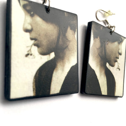 Museum-Inspired Sustainable Earrings Symmetrical mismatched Art Earrings, Wood and real silver hooks. Inspired by Wilhelm von Gloeden. Obljewellery