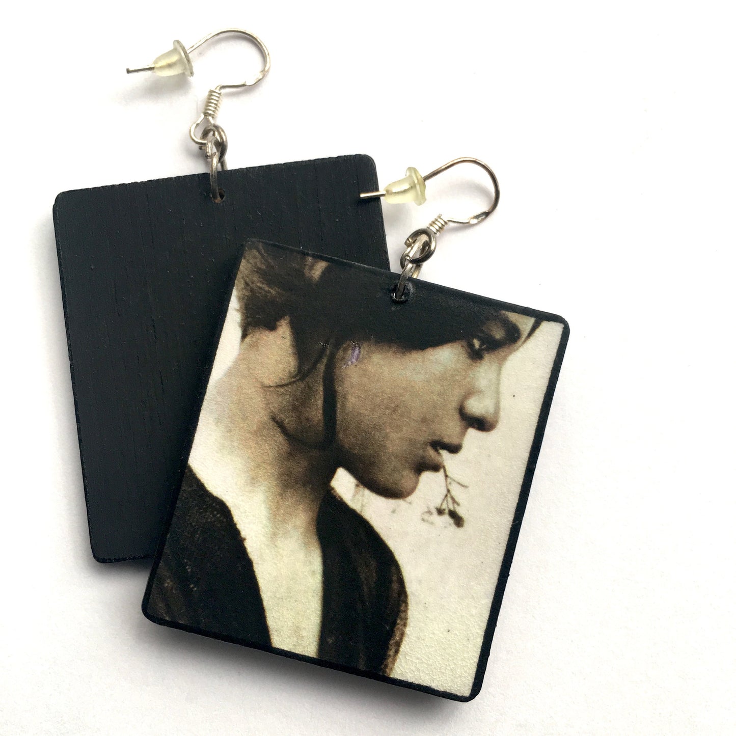 Symmetrical mismatched Art Earrings, Wood and real silver hooks. Inspired by Wilhelm von Gloeden.
