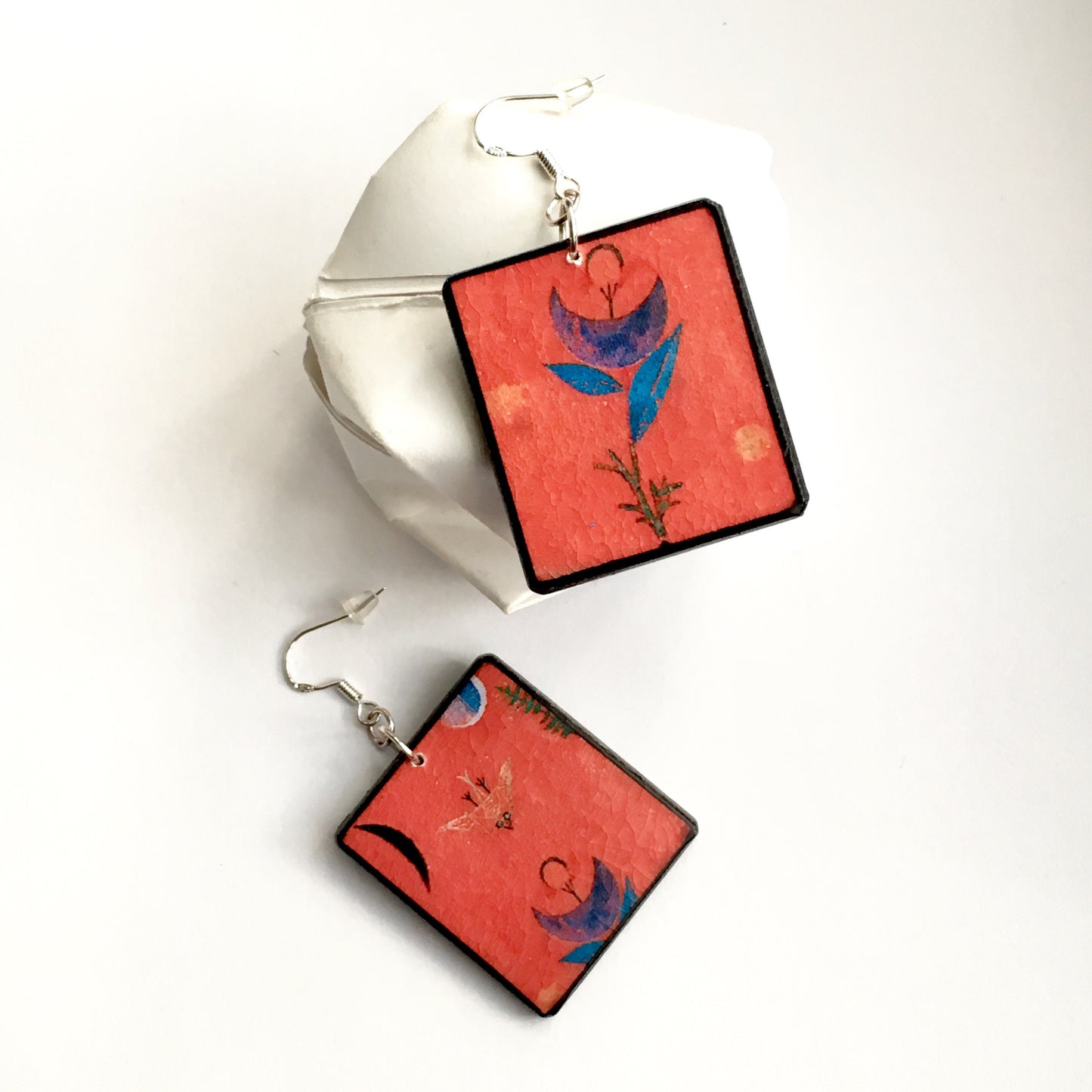 Mismatched Art Wooden Earrings. Flower Myth Paul Klee. Unique gift for wife.