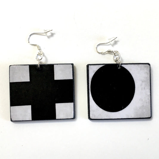 Kazimir Malevich, mismatched earrings, Statement art earrings on sustainable wood. black and white earrings with art detail. Black Cross and Black Circle art painting. Obljewellery artsy gift.