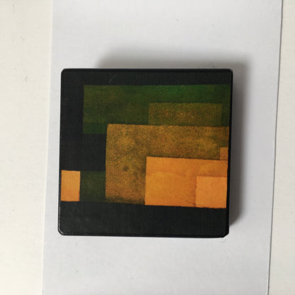 Museum-Inspired Sustainable Brooches Paul Klee, chartreuse and orange wooden, geometric brooch. Alternative man gift. Obljewellery