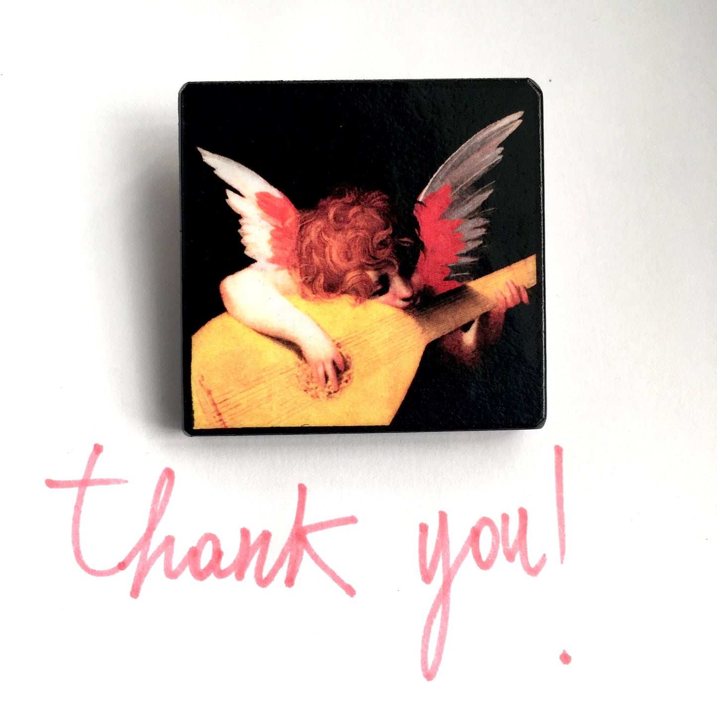 Thank you gift. brooch pin with a detail art of a Angel play a yellow mandolin.