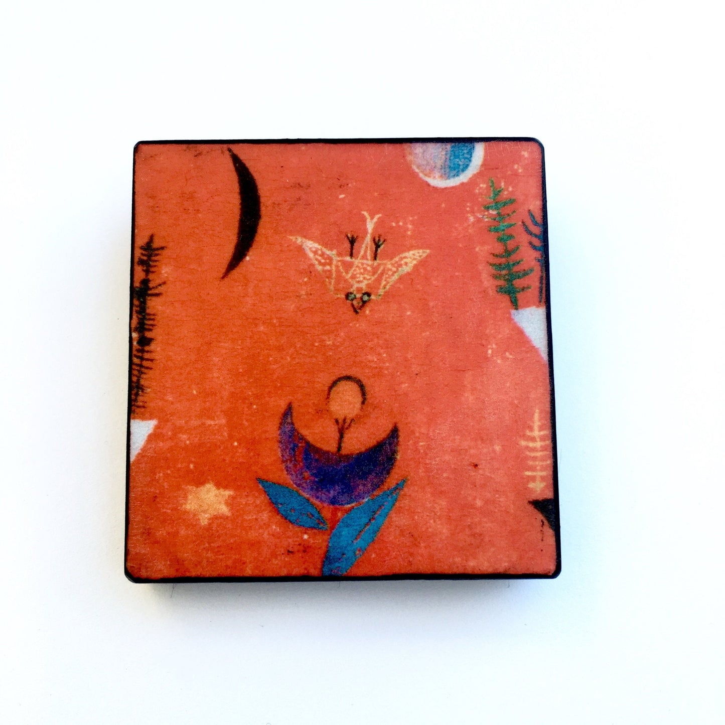 Paul Klee art brooch. Modernist brooch, Wooden square, unique brooch.