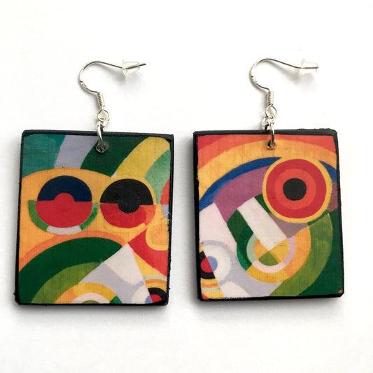 Museum-Inspired Sustainable Earrings Colourful Earrings, geometric art on wood earrings. Obljewellery