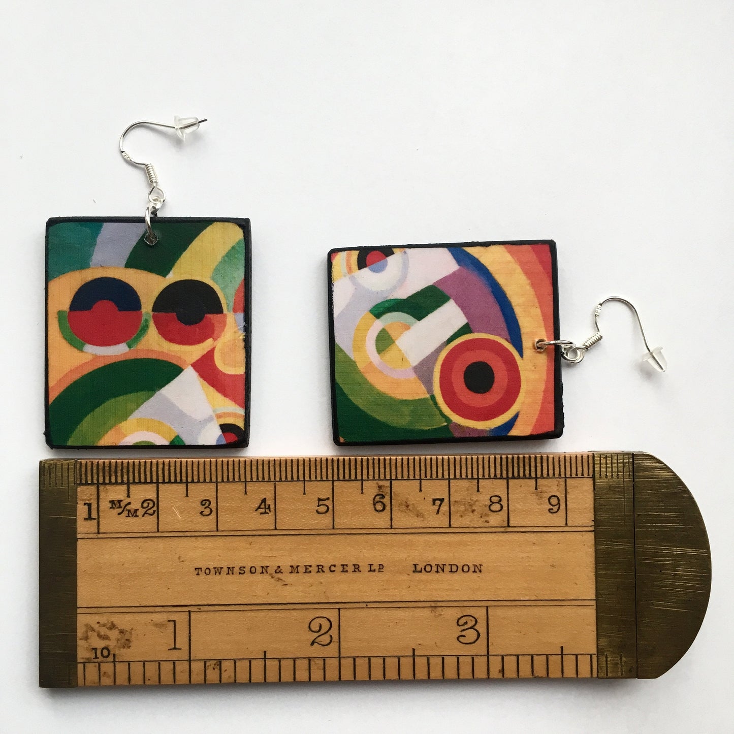 Museum-Inspired Sustainable Earrings Colourful Earrings, geometric art on wood earrings. Obljewellery