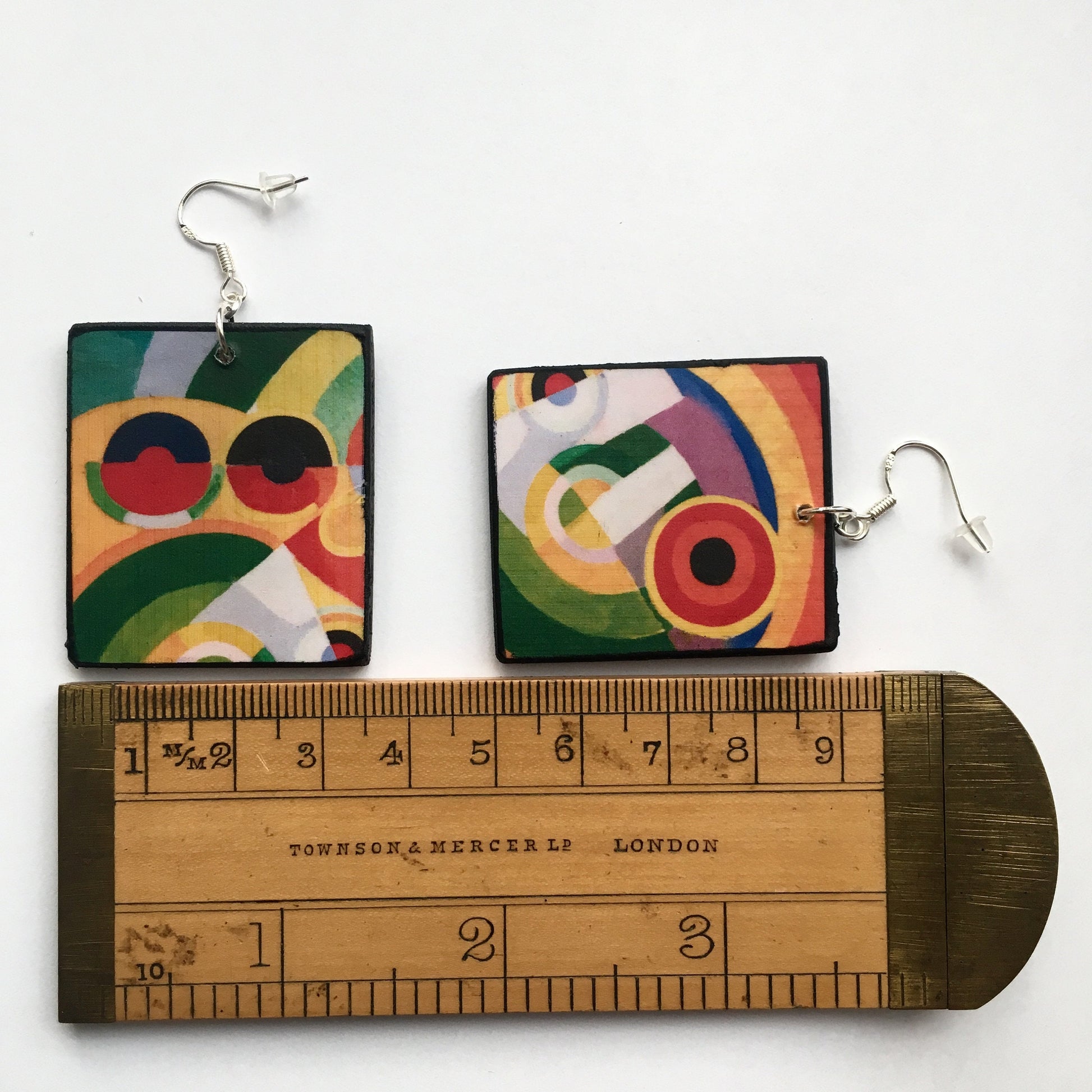 Museum-Inspired Sustainable Earrings Colourful Earrings, geometric art on wood earrings. Obljewellery