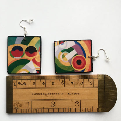 Museum-Inspired Sustainable Earrings Colourful Earrings, geometric art on wood earrings. Obljewellery