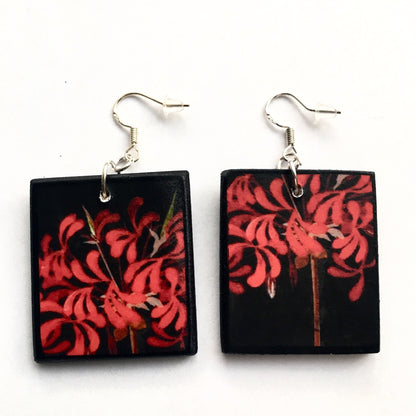 Museum-Inspired Sustainable Earrings Mary Delany botanical wooden Earrings, Red flowers mismatched earrings. Obljewellery