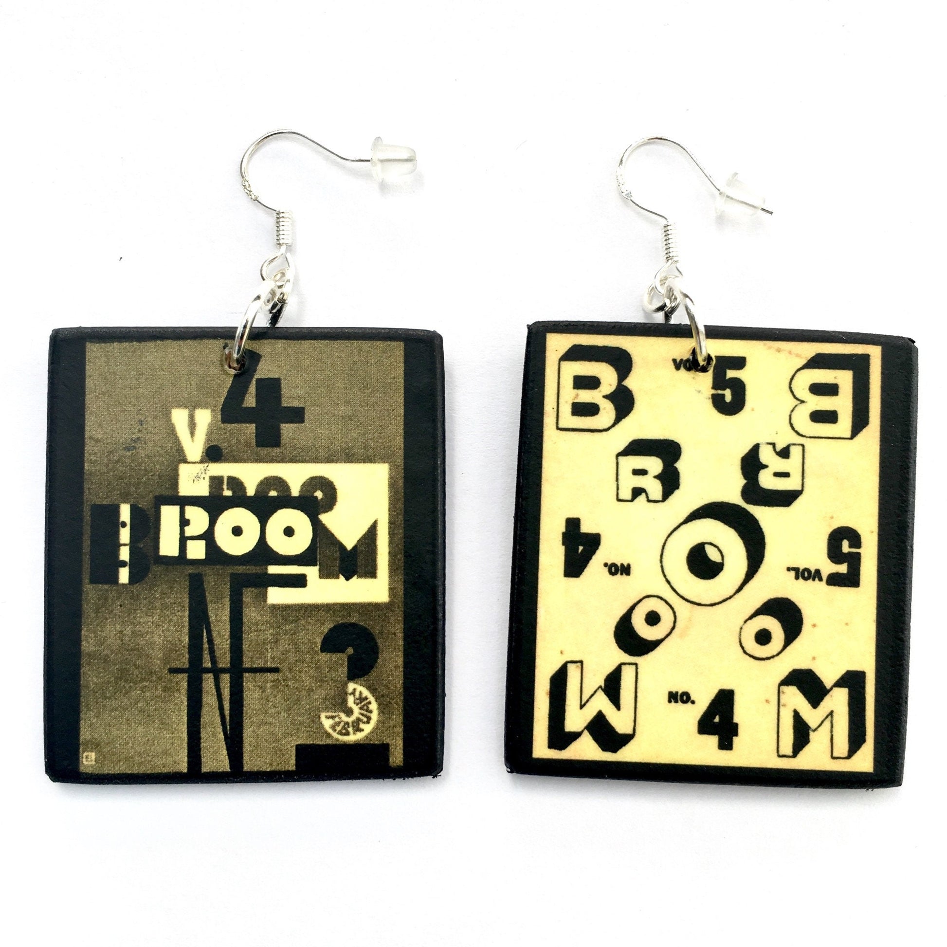 Mismatched Broom art magazine, abstract, handmade drop earrings on sustainable wood Inspired by Constructivist art cover magazine cover painting by the artist El Lissinsky.