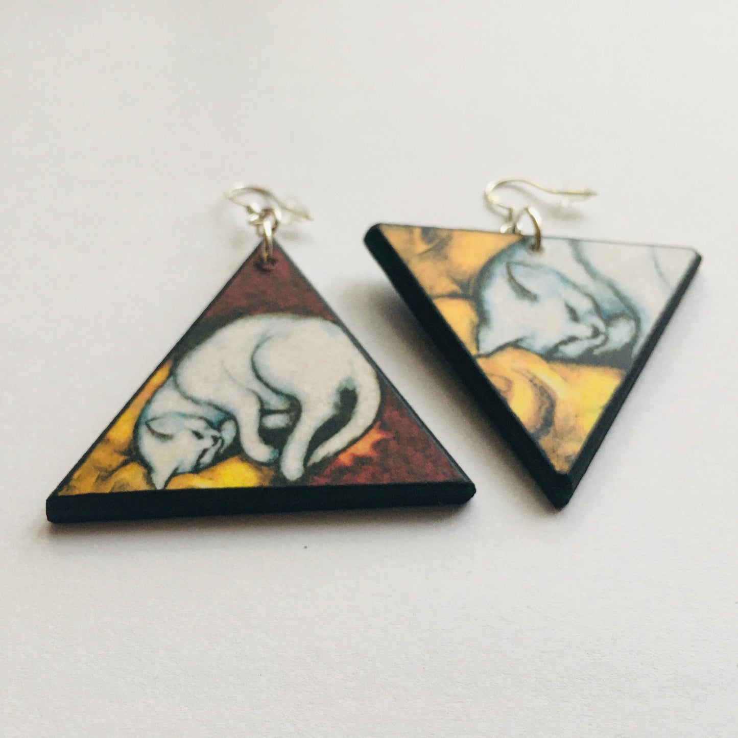 Museum-Inspired Sustainable Earrings Triangle earrings, wood and sterling earrings. Cat earrings gift for her. Obljewellery