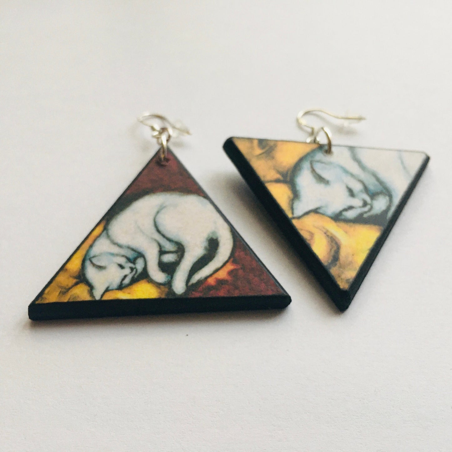 Triangle earrings, wood and sterling earrings. Cat earrings gift for her.