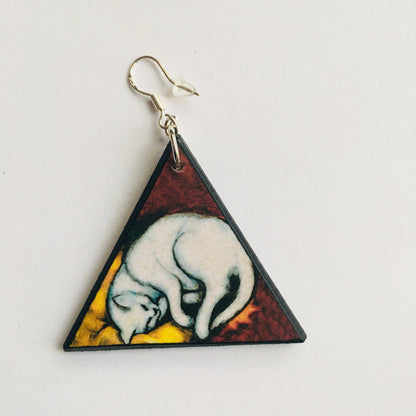 Museum-Inspired Sustainable Earrings Triangle earrings, wood and sterling earrings. Cat earrings gift for her. Obljewellery