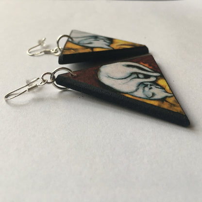 Museum-Inspired Sustainable Earrings Triangle earrings, wood and sterling earrings. Cat earrings gift for her. Obljewellery