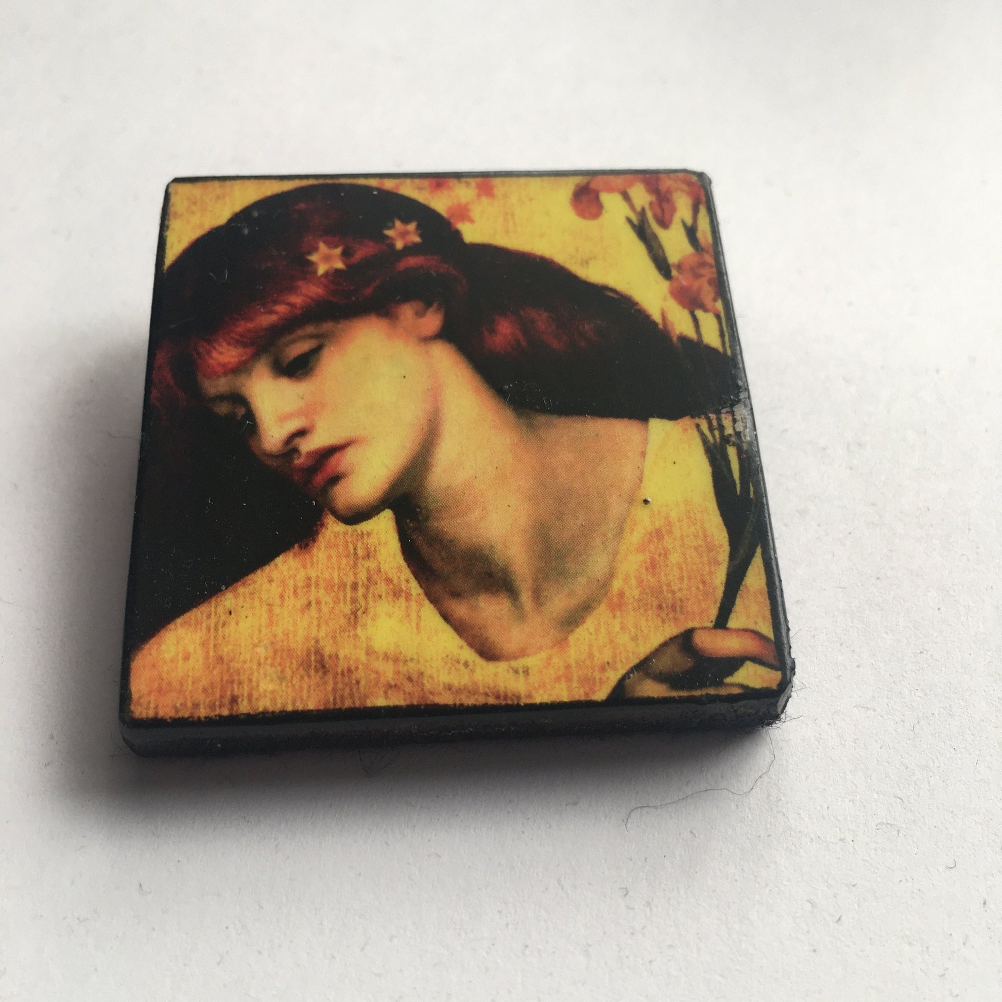 Museum-Inspired Sustainable Brooches Wooden art brooch, portrait oil painting Sancta Lilias by Dante Gabriel Rossetti. Obljewellery