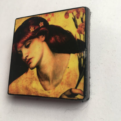 Museum-Inspired Sustainable Brooches Wooden art brooch, portrait oil painting Sancta Lilias by Dante Gabriel Rossetti. Obljewellery