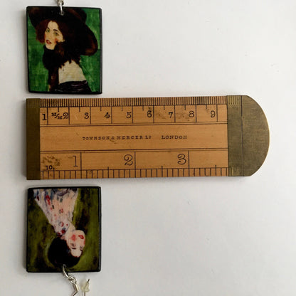 Museum-Inspired Sustainable Earrings Gustav Klimt, Portrait of a Lady, green earrings. Obljewellery