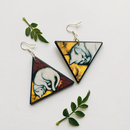 Museum-Inspired Sustainable Earrings Triangle earrings, wood and sterling earrings. Cat earrings gift for her. Obljewellery