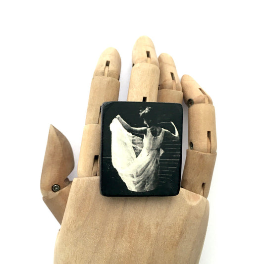 Museum-Inspired Sustainable Brooches Muybridge art. Big, black and white ring. Wooden art, adjustable ring. Obljewellery