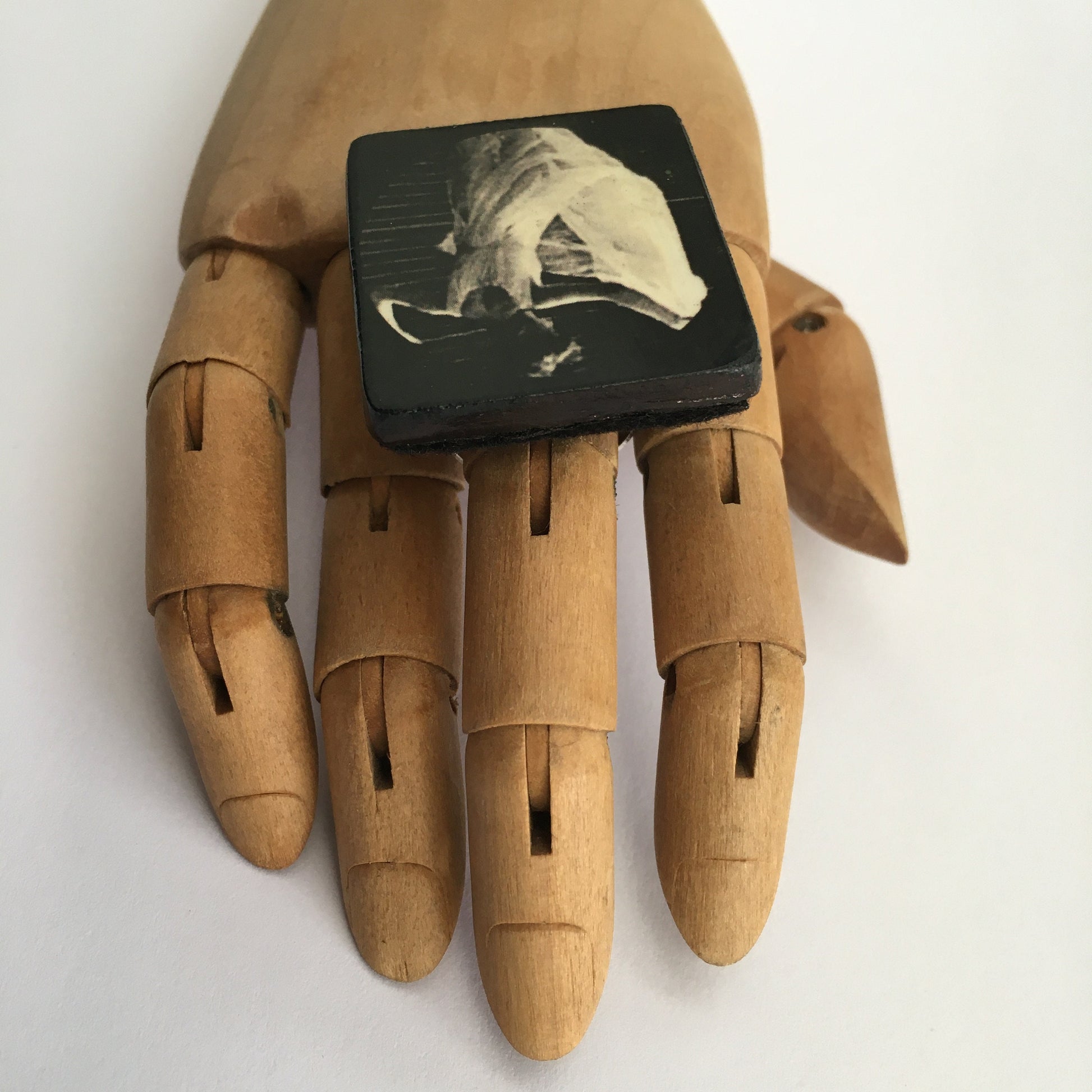 Museum-Inspired Sustainable Brooches Muybridge art. Big, black and white ring. Wooden art, adjustable ring. Obljewellery