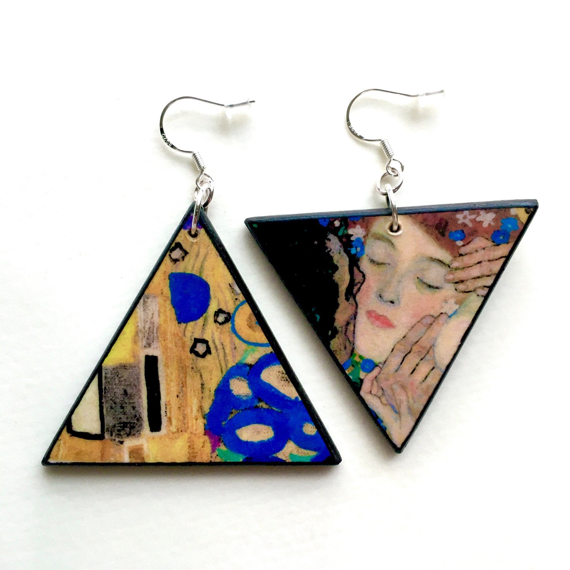 Obljewellery Earrings inspired by Gustav Klimt and his painting The Kiss to create these  triangular, mismatched, asymmetrical earrings on sustainable wood for an artsy gift.