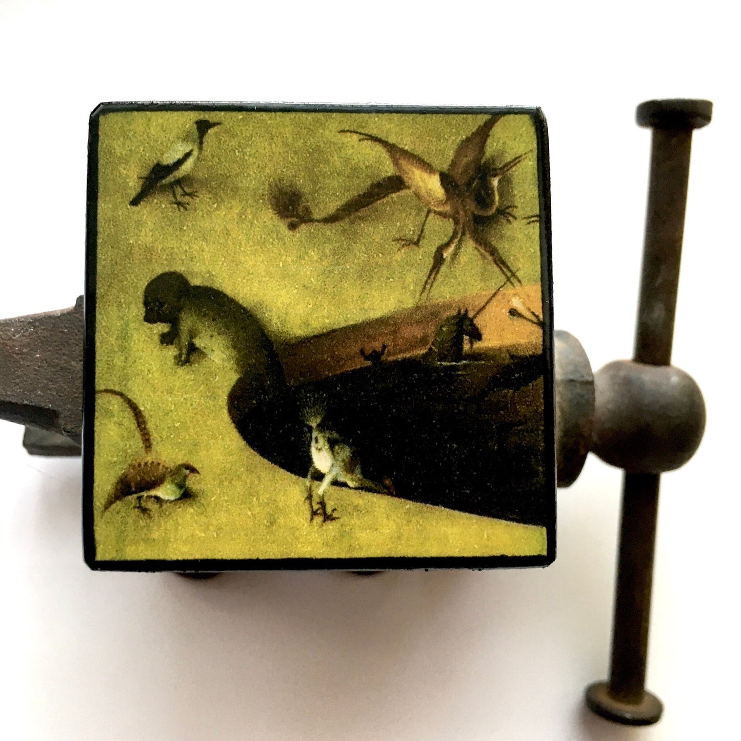 Hieronymus Bosch art inspired brooch for her and him. Sustainable wooden jewellery for an unusual artsy gift. Obljewellery aesthetic, statement, artsy jewellery.
