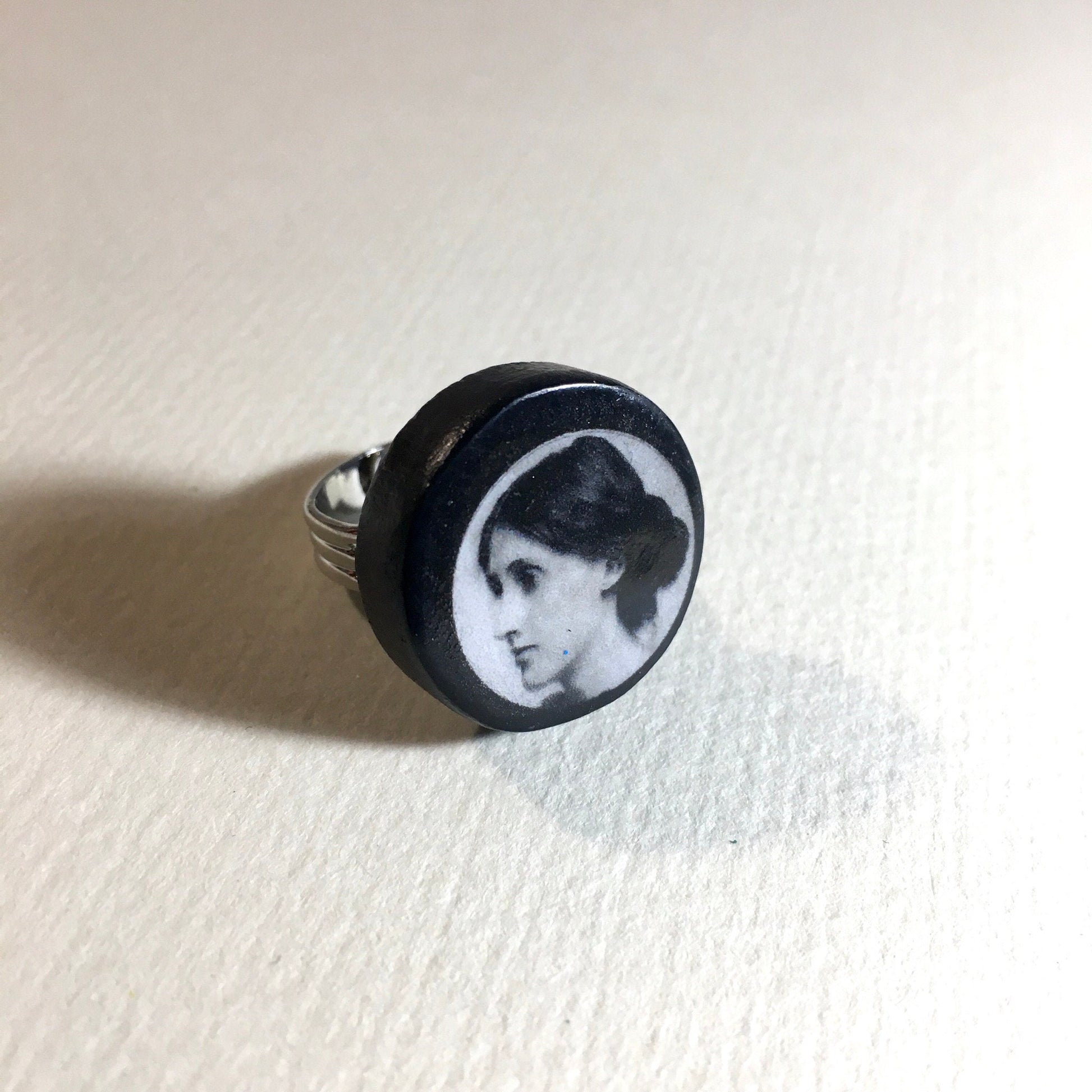 Museum-Inspired Sustainable Rings Virginia Woolf gift. Feminist gift, quirky wooden round ring. Obljewellery