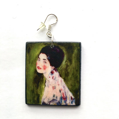 Museum-Inspired Sustainable Earrings Gustav Klimt, Portrait of a Lady, green earrings. Obljewellery