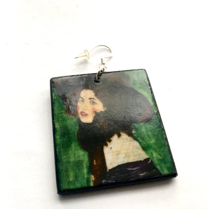 Museum-Inspired Sustainable Earrings Gustav Klimt, Portrait of a Lady, green earrings. Obljewellery