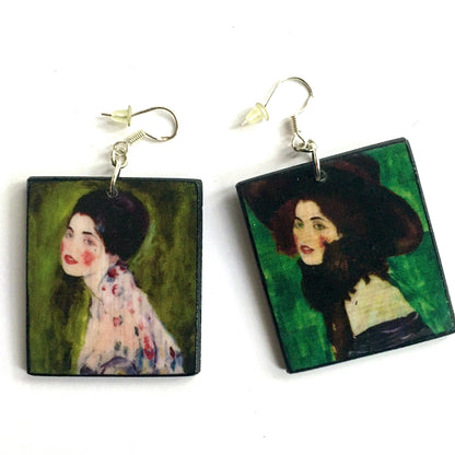 Museum-Inspired Sustainable Earrings Gustav Klimt, Portrait of a Lady, green earrings. Obljewellery