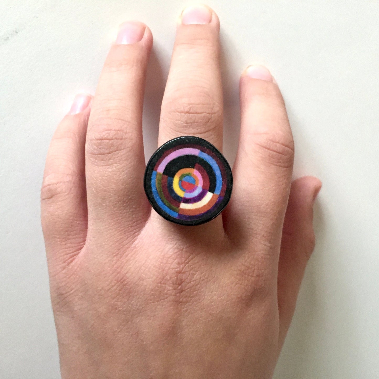 Museum-Inspired Sustainable Rings Robert Delaunay Geometric art wood ring. Quirky big ring. Abstract jewellery. Obljewellery