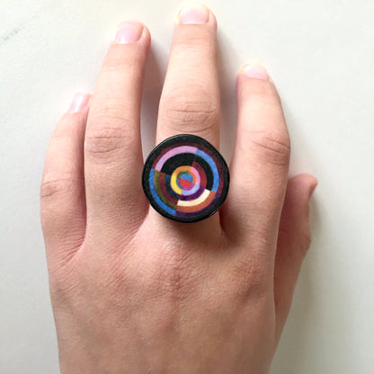 Museum-Inspired Sustainable Rings Robert Delaunay Geometric art wood ring. Quirky big ring. Abstract jewellery. Obljewellery