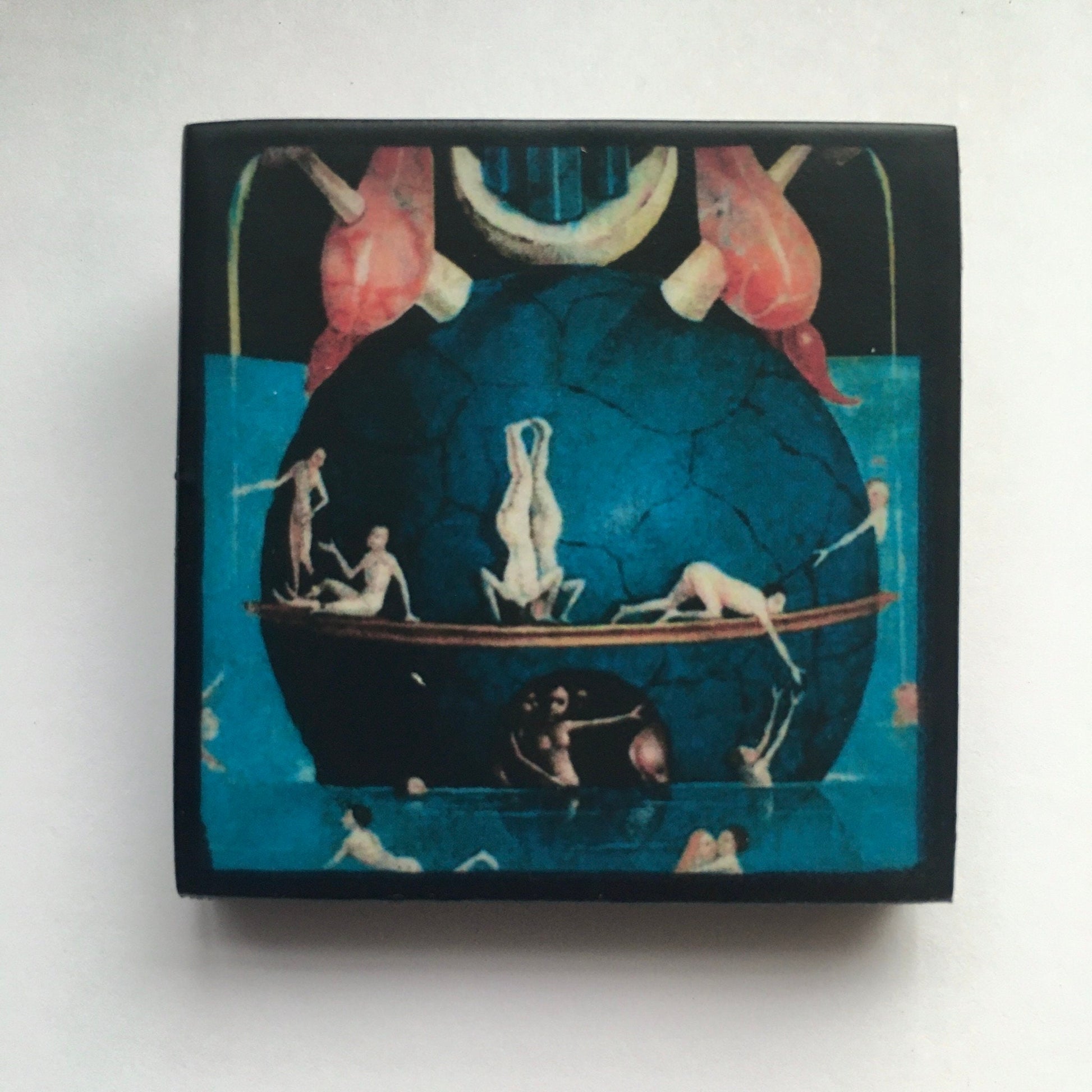 Unisex wooden 4, 3 cm squared brooch, inspired by Hieronymus Bosch painting "The Garden of Earthly Delights".